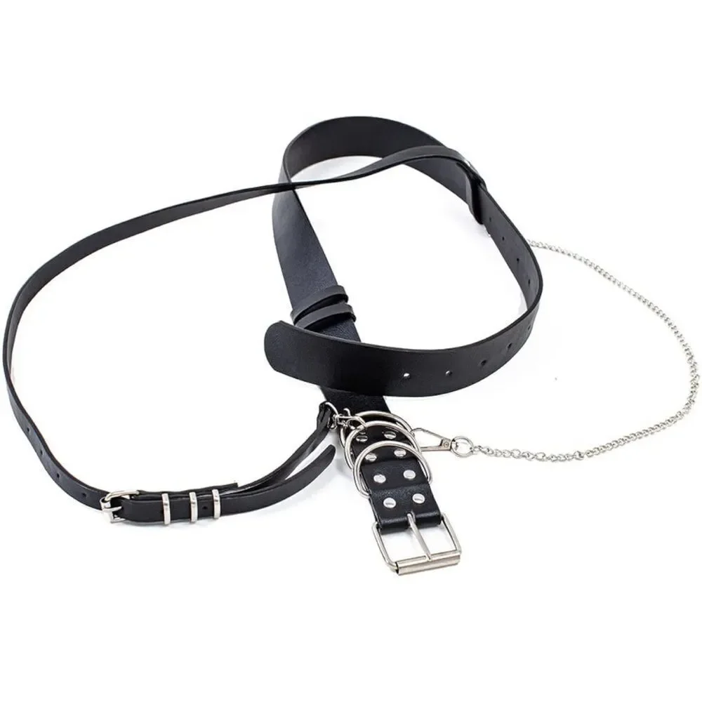 Black Chest Harness Belt Silver Chain Pants Punk Gothic Festival NWT